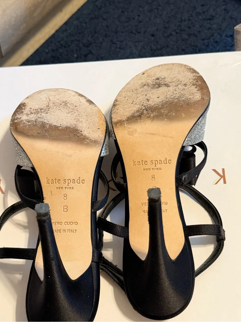 kate spade Black Satin Bow Silver Glitter Strappy Heels